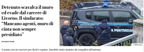 Evaso detenuto alta sicurezza da Livorno - Comunicato Stampa